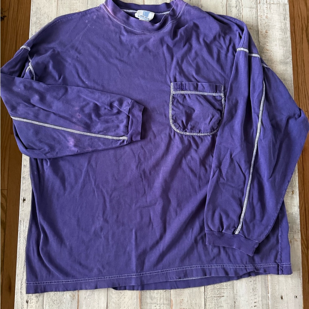 VINTAGE I.O.U Purple Long Sleeve Tee with Pocket white stitching bigger size XL